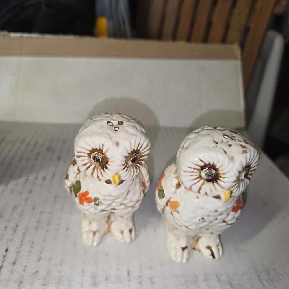 Vintage Ceramic Owl Salt+Pepper Shaker - Hand-painted Floral and Feathers